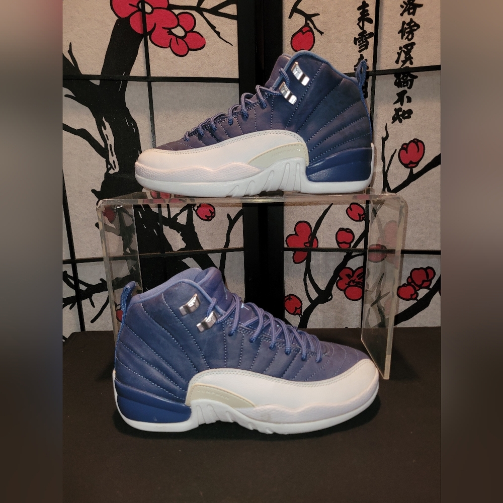 Jordan 12 Indigo Blue and White High-Top Sneakers